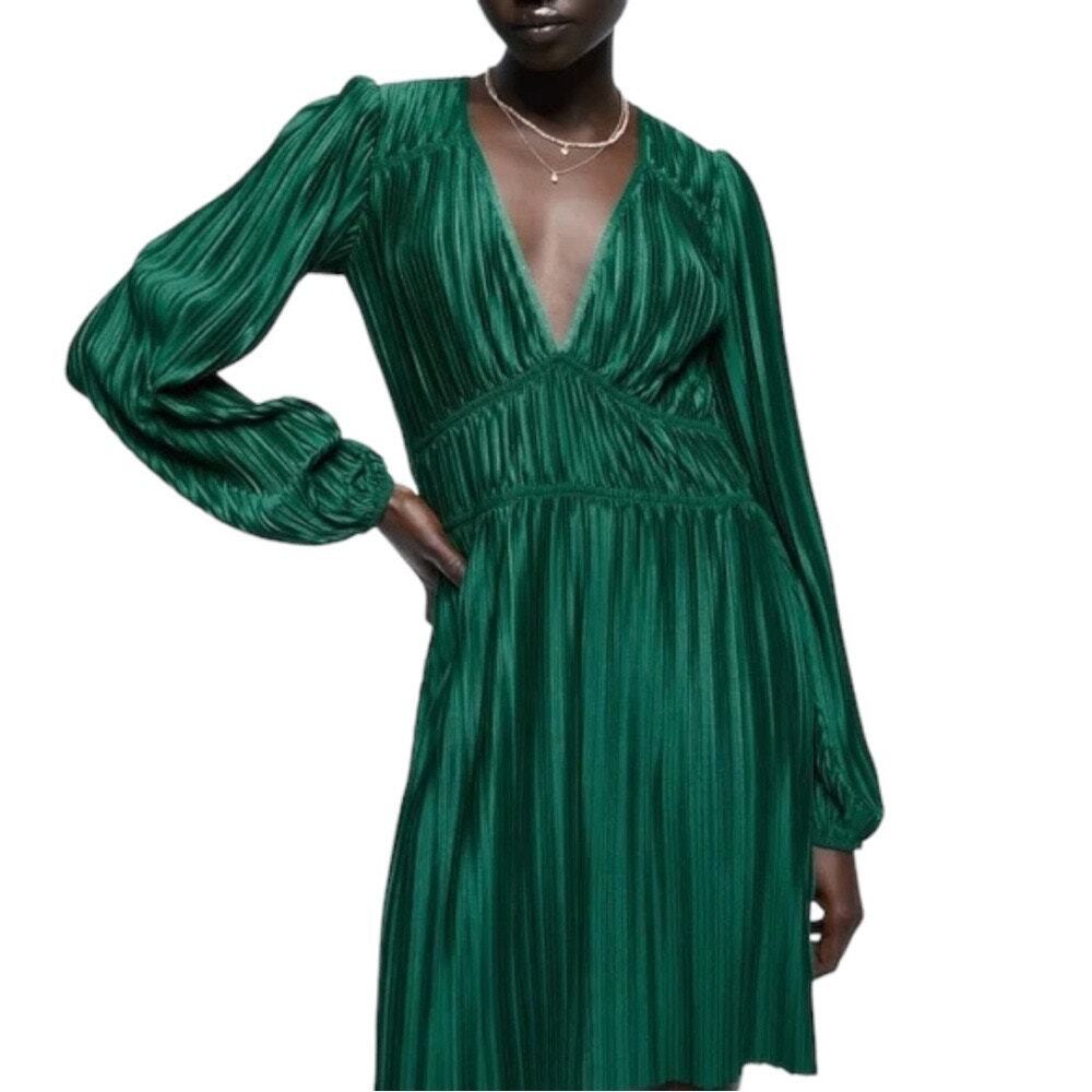 Zara Dark Green Plissé Micro Pleated Long Sleeve Mini Dress Size M